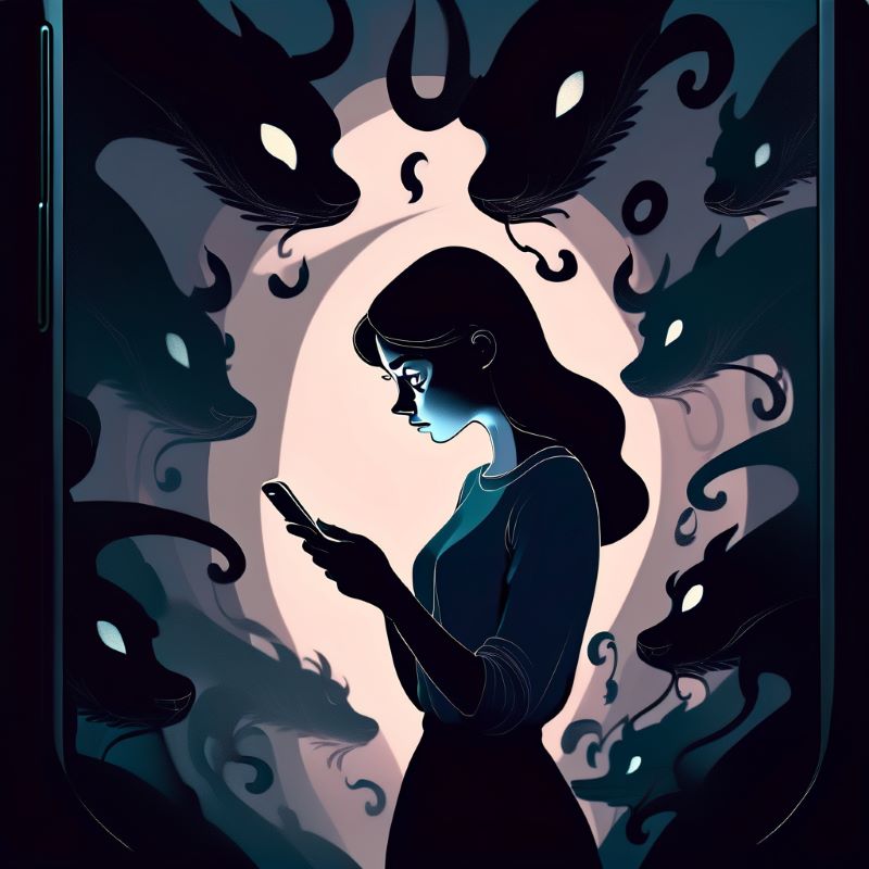 Monsters lurking around a woman on a phone