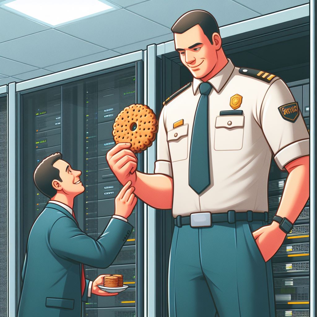 Businessman handing biscuit to security guard